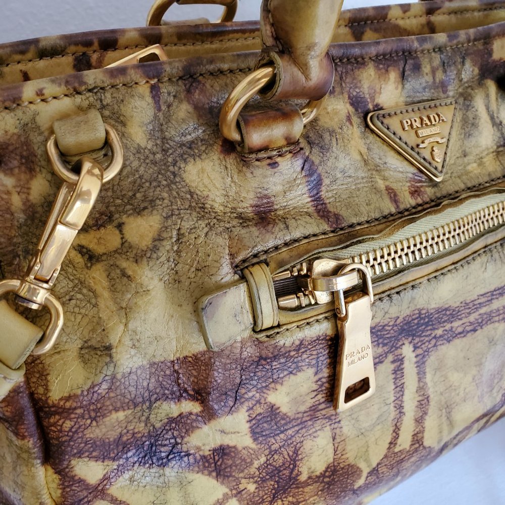 Prada tote top handle bag leather dyed camo brown black beige tan galleria lux - Picture 1 of 16